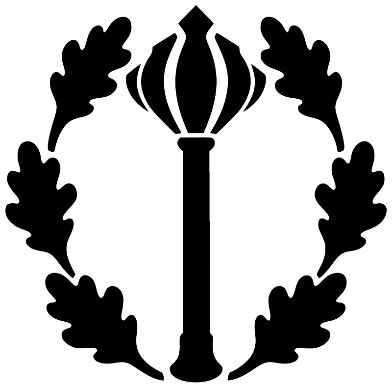 Mace Oak vinyl wreath decal closeup with black leafy crest and central candle torch