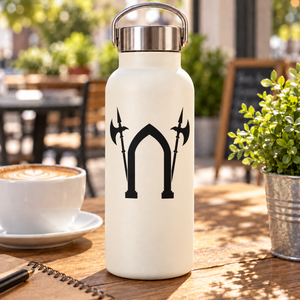 Black medieval gateway vinyl decal on white bottle: arched doorway with two halberds