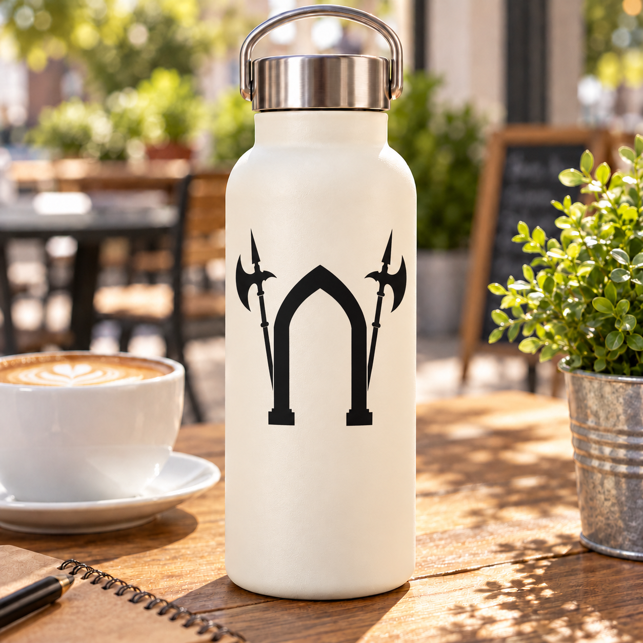 Black medieval gateway vinyl decal on white bottle: arched doorway with two halberds