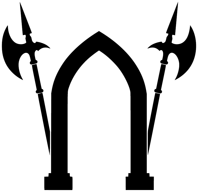 Black arched gateway vinyl decal with twin halberds on both sides