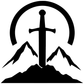 Vinyl decal emblem: black sword through mountains with circular frame on white background