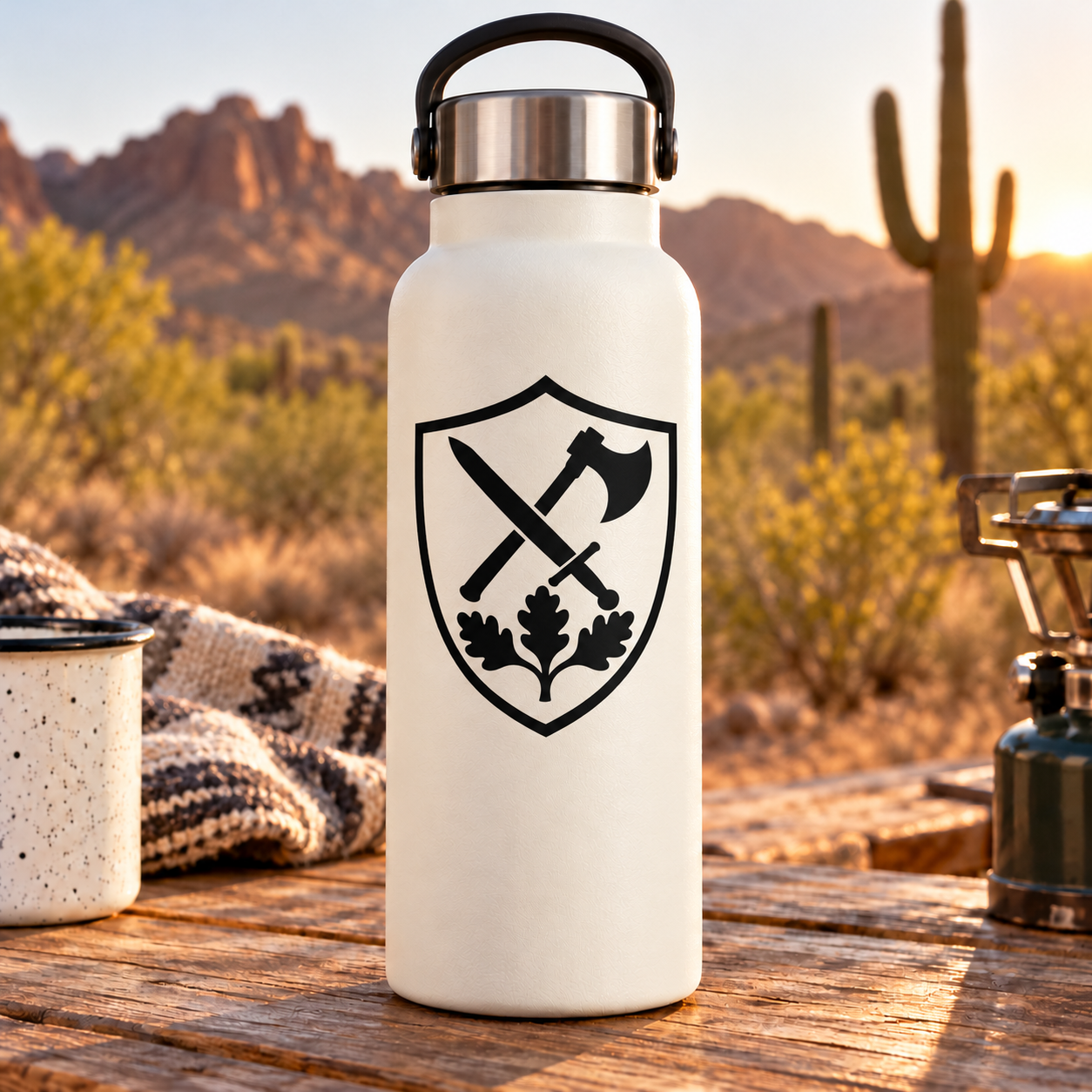White bottle with black Oak Arsenal shield vinyl decal, crossed swords and oak tree.