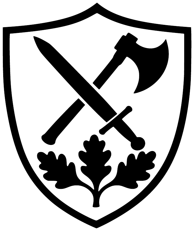 Black-and-white Oak Arsenal shield vinyl decal with crossed swords and oak tree emblem.
