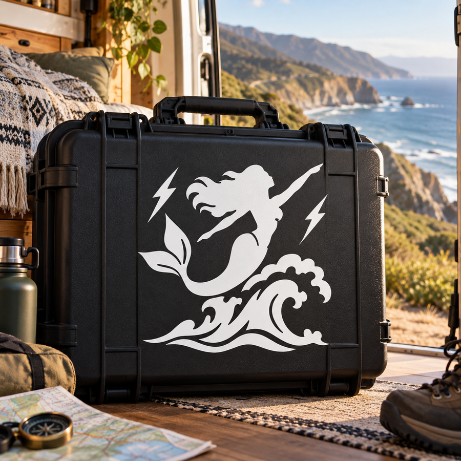 Storm-mermaid vinyl decal on black hard case, with lightning and wave swirls
