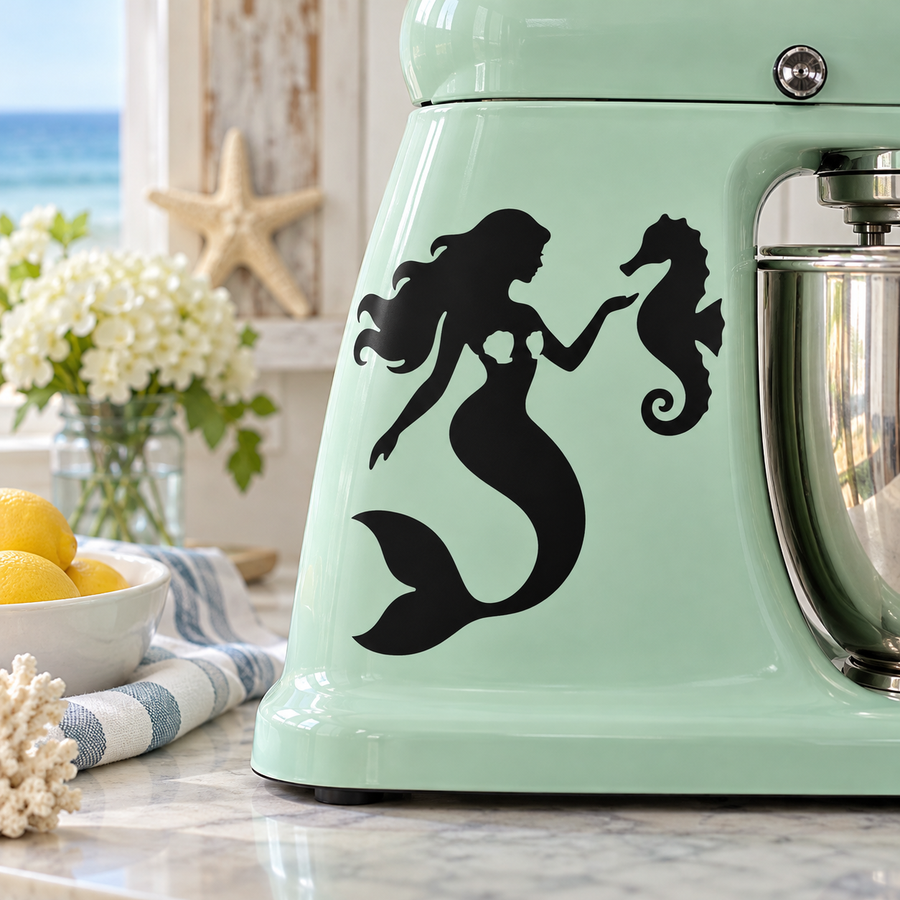 Mermaid with seahorse vinyl decal in black silhouette on mint surface