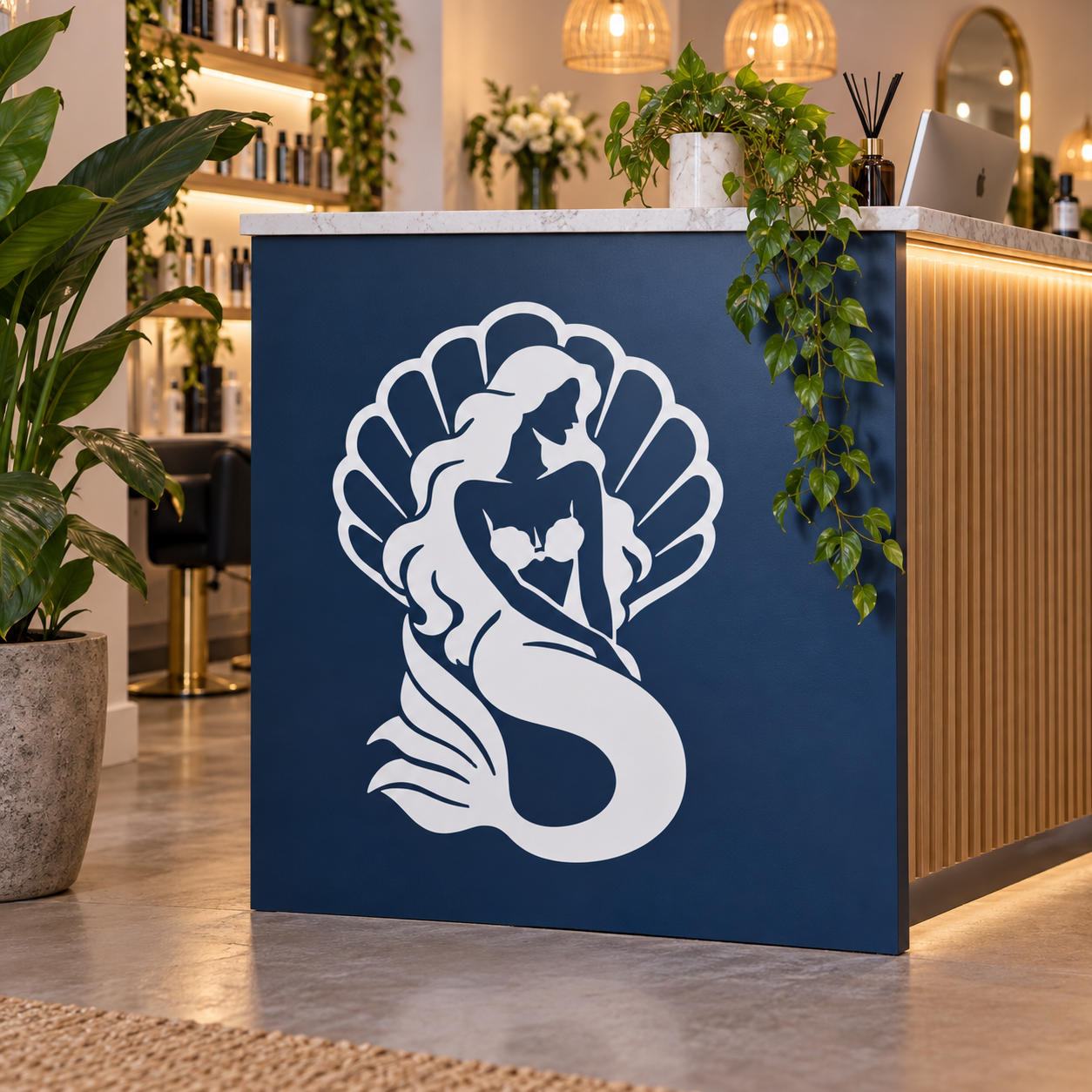 Blue-toned mermaid vinyl decal with halo shell and curled tail silhouette