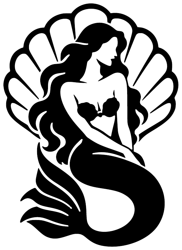 Black mermaid vinyl decal with halo shell and curly tail silhouette