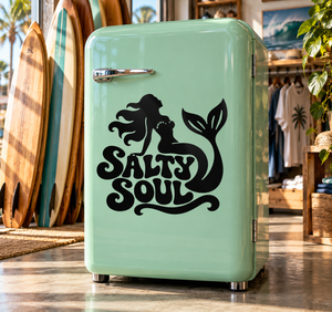 Mermaid vinyl decal on mint suitcase, black Salty Soul logo sticker