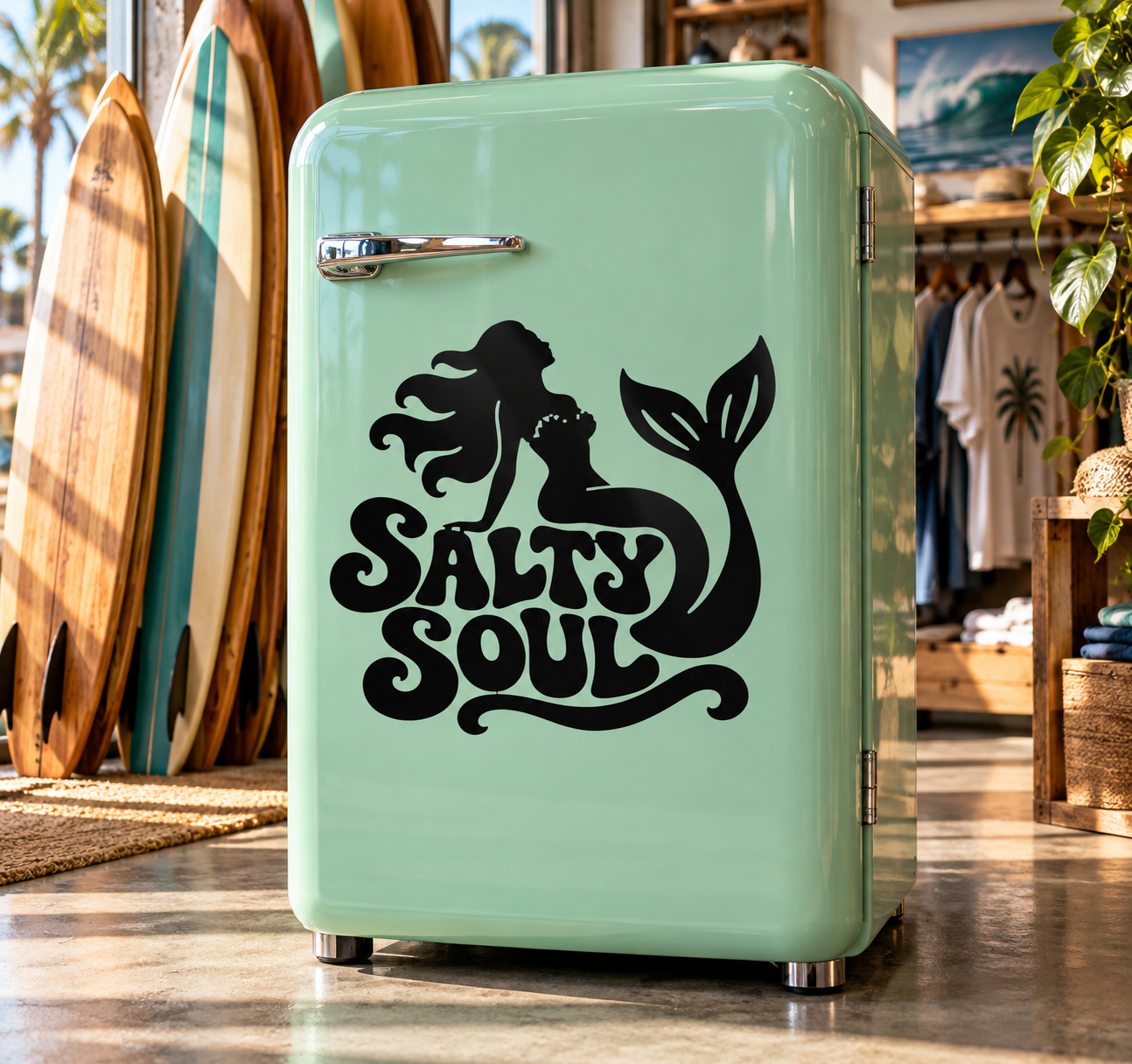 Mermaid vinyl decal on mint suitcase, black Salty Soul logo sticker