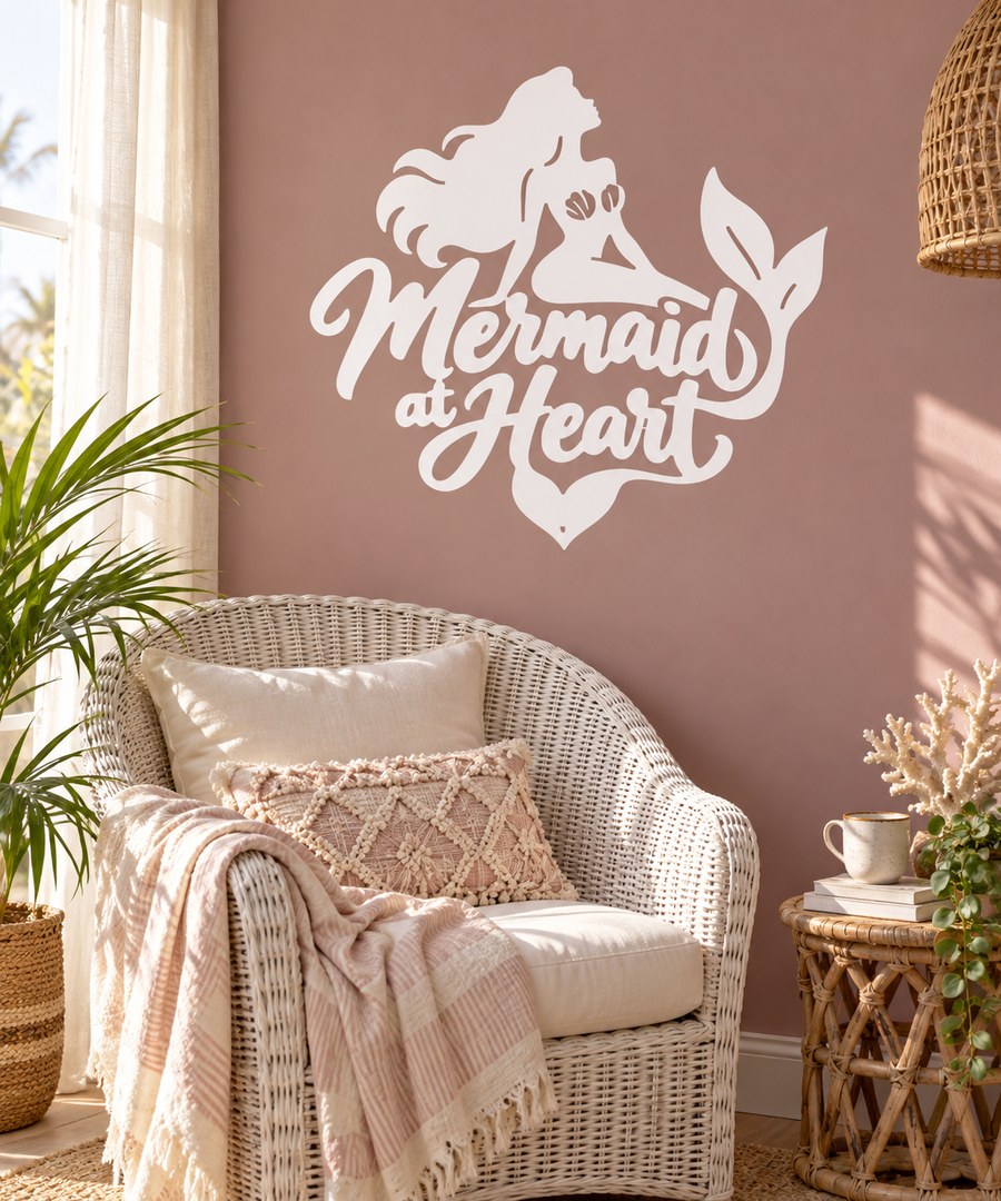Mermaid at Heart vinyl decal, white mermaid silhouette with script heart text