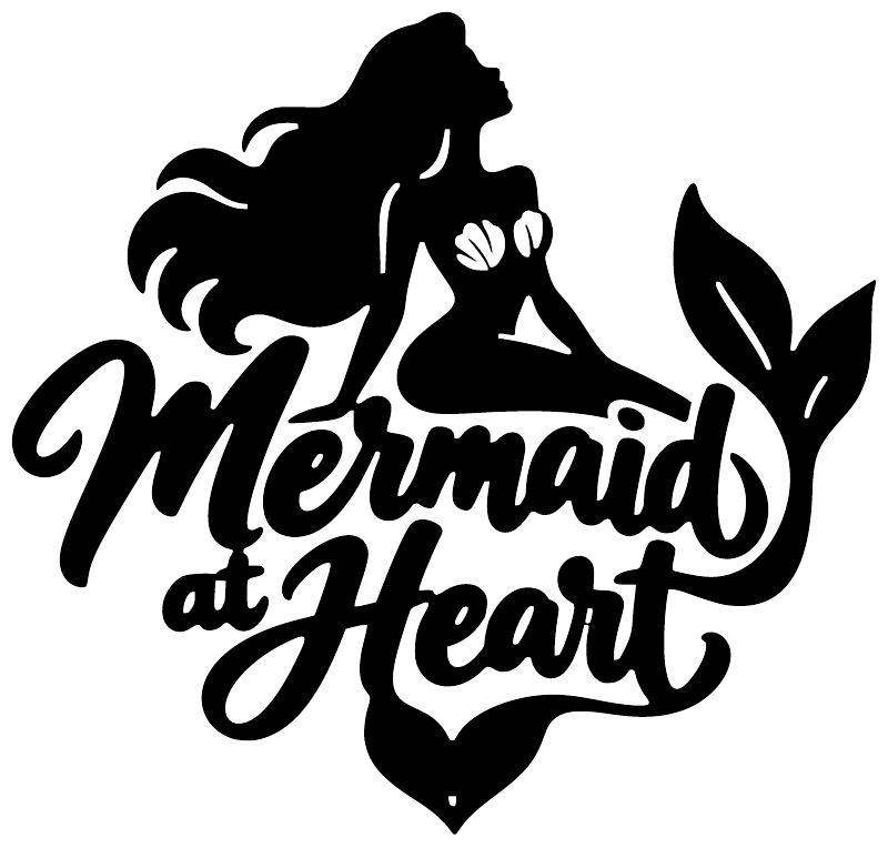 Mermaid at Heart vinyl decal, black mermaid silhouette with script heart text