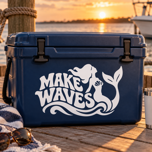 White mermaid vinyl decal with “Make Waves” lettering on a blue cooler
