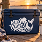 White mermaid vinyl decal with “Make Waves” lettering on a blue cooler