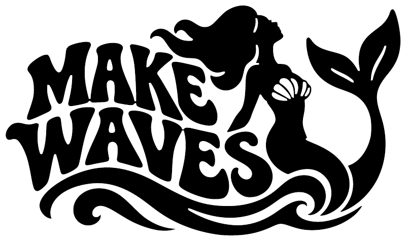 Black mermaid vinyl decal with “Make Waves” lettering and flowing wave lines
