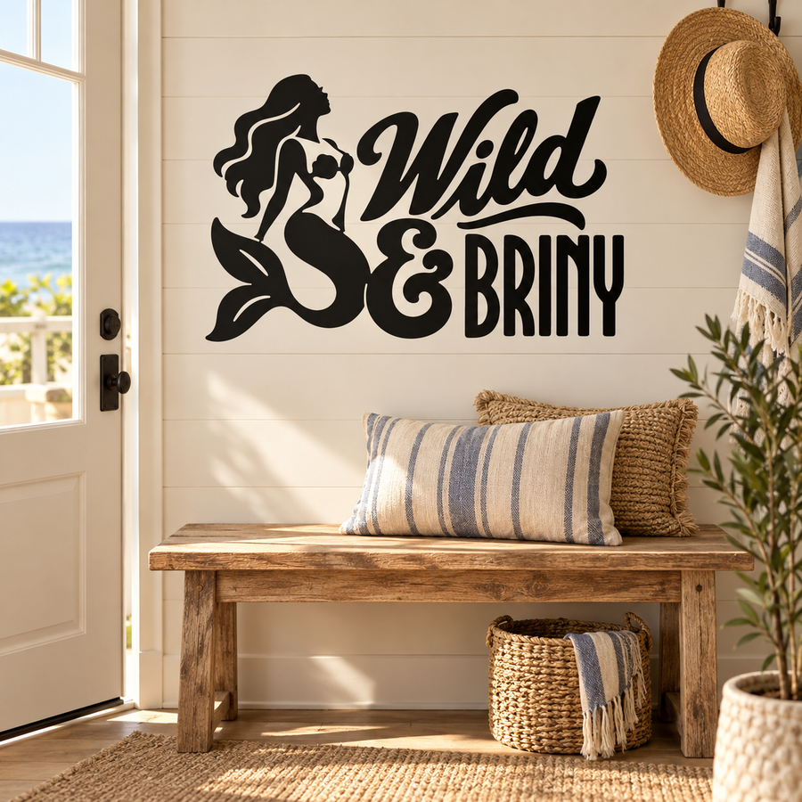 Black Wild & Briny mermaid vinyl decal displayed on a wall
