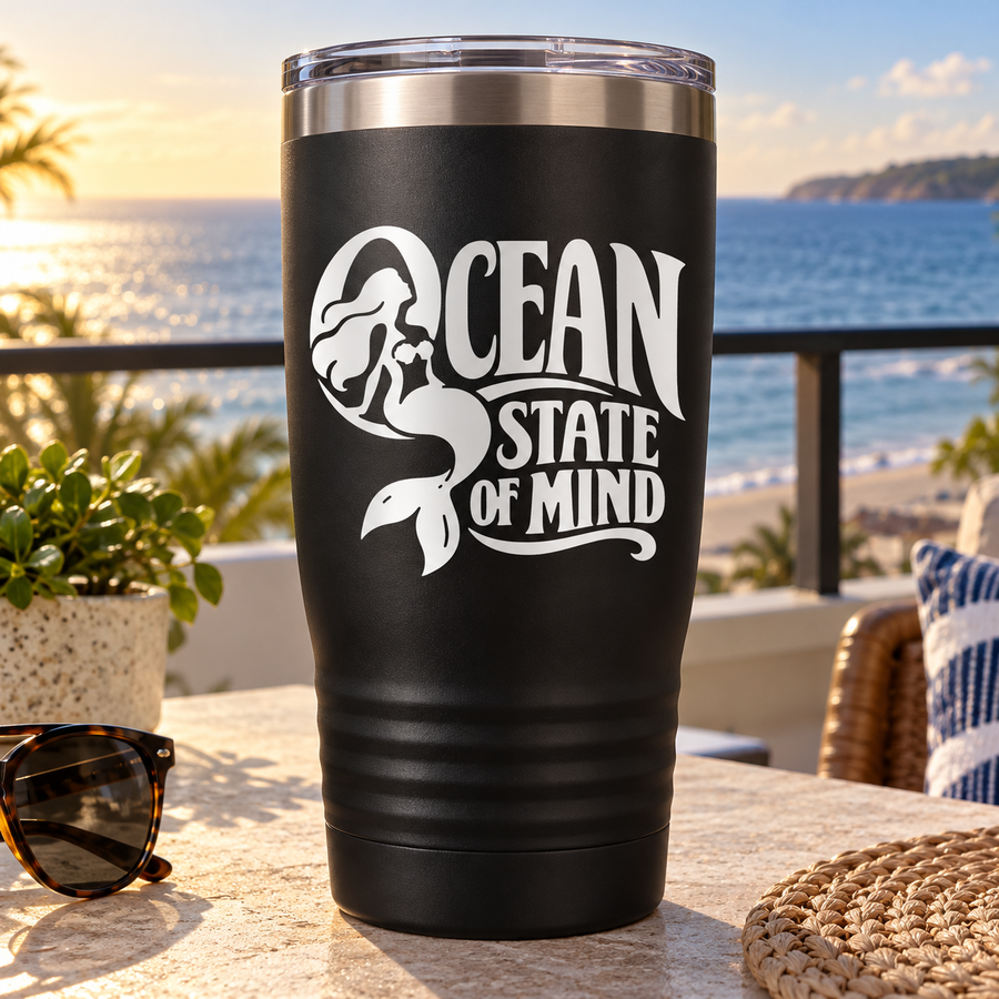 Ocean State of Mind mermaid logo decal on black tumbler cup
