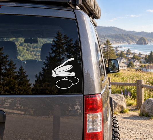 Tortilla press vinyl decal showing press and two tortilla icons on car window