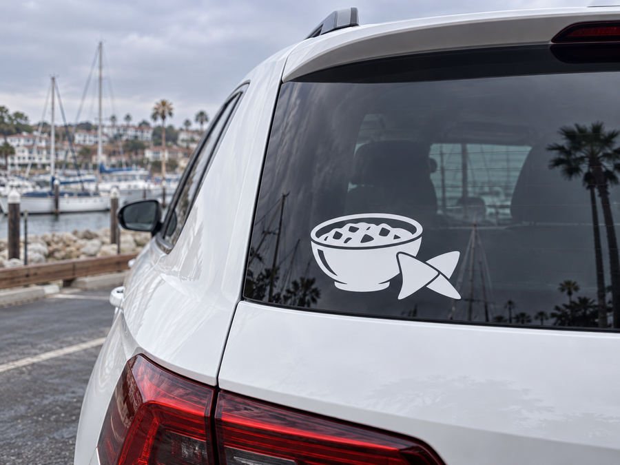 Salsa and chips vinyl decal showing a bowl with chips and a fish on a car window