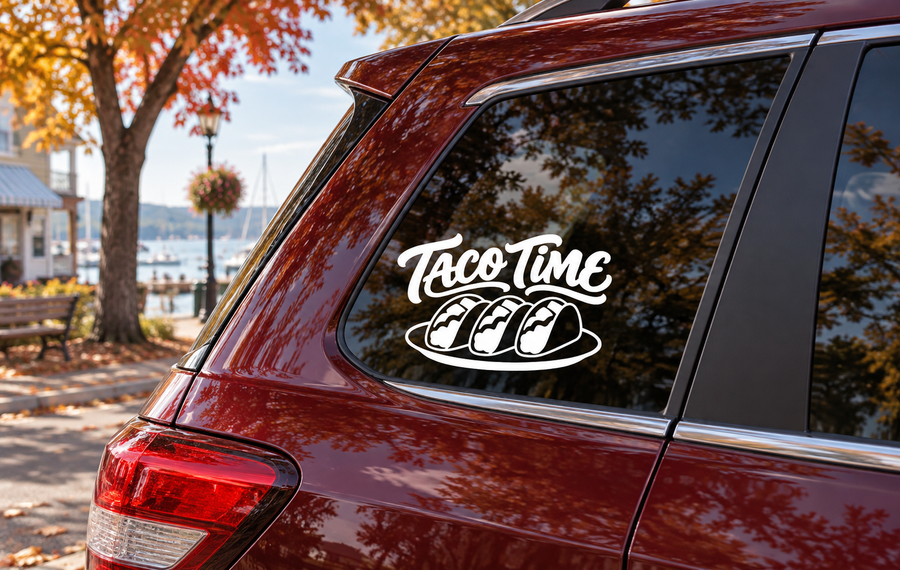 Vinyl car decal with TacoTime logo and three taco icons on a window