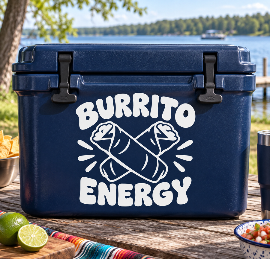 Burrito Energy MexicanFoodCX022 vinyl decal with bold text and burrito graphic, blue theme