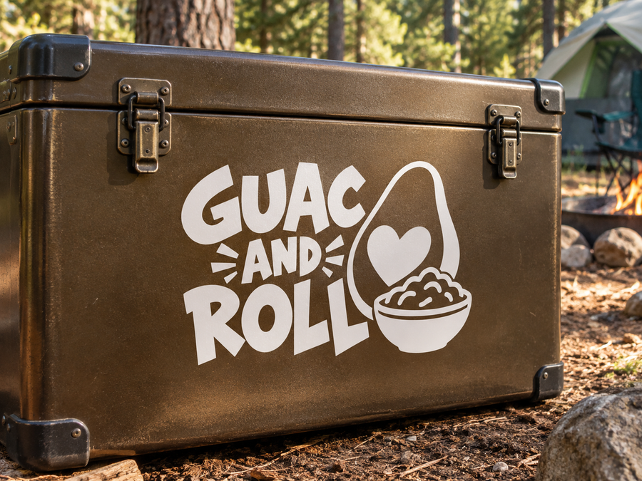 Vinyl decal: white Guac and Roll text with heart and guacamole bowl on dark surface