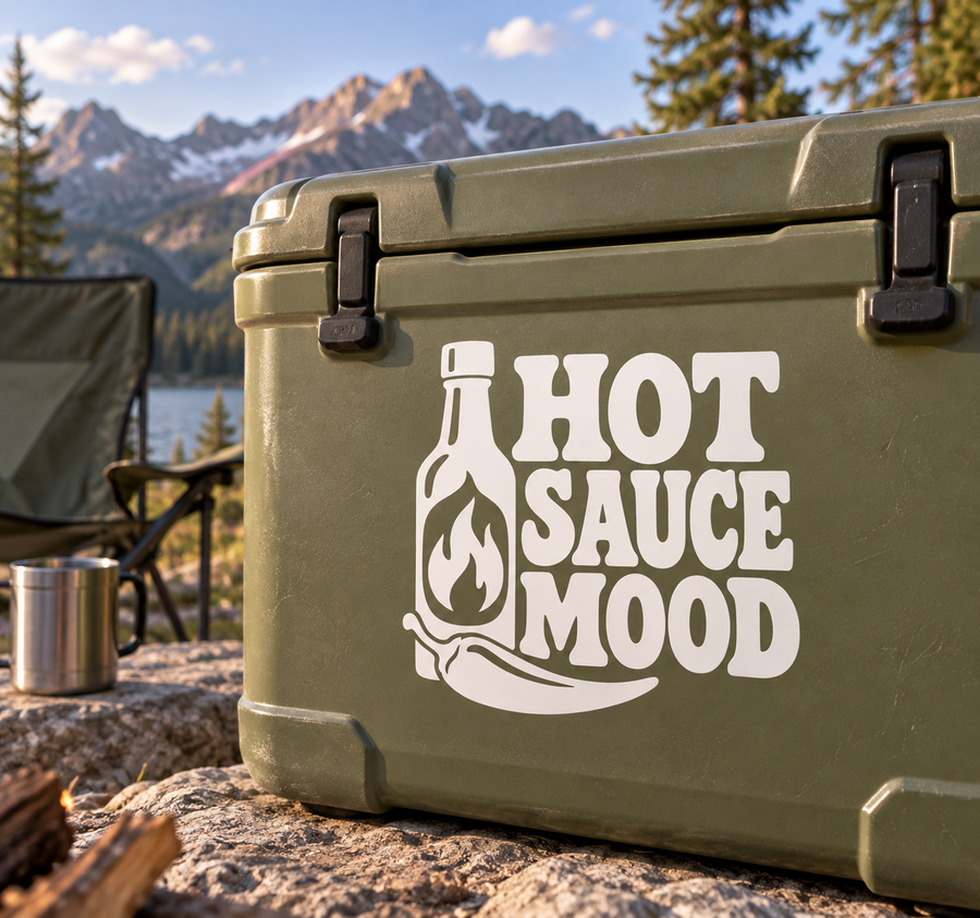 Hot Sauce Mood vinyl decal with flaming bottle icon and HOT SAUCE text on cooler