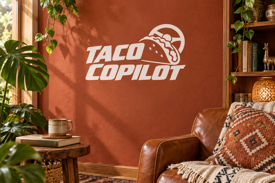 White vinyl wall decal with taco icon and bold text logo