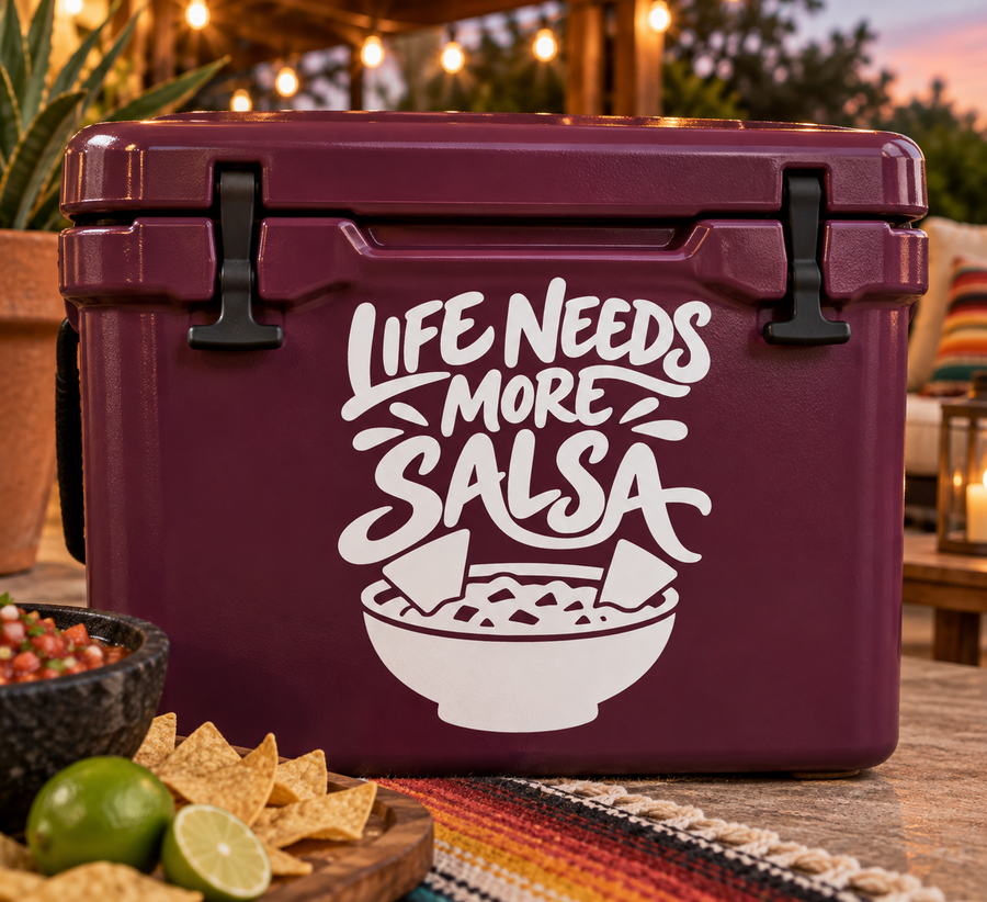 Purple cooler with white vinyl decal: “LIFE NEEDS MORE SALSA” and salsa bowl icon