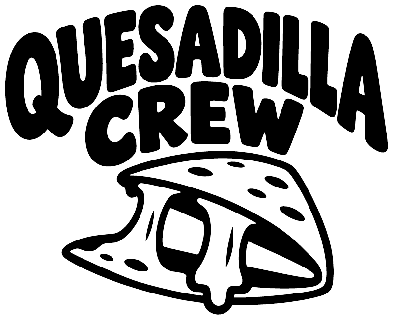 Close-up of Quesadilla crew vinyl decal in black and white with quesadilla graphic
