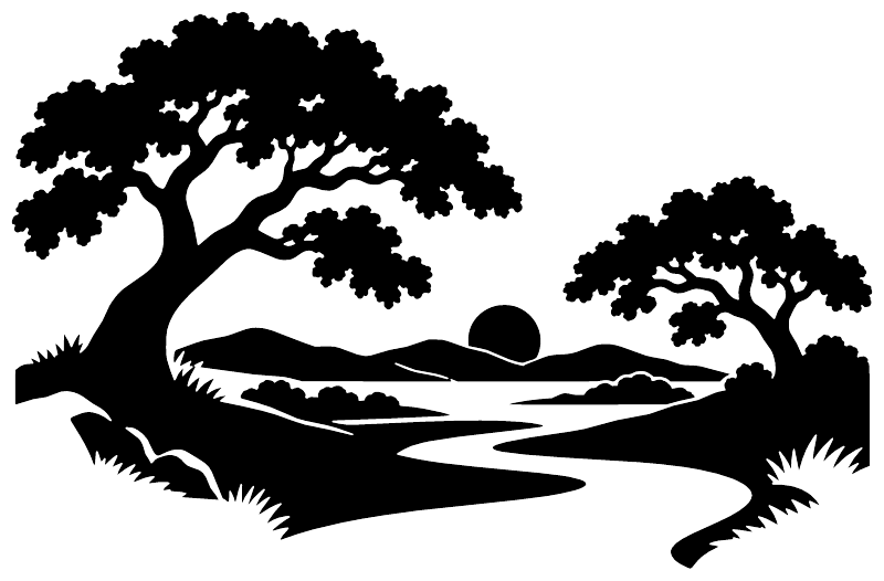 Black vinyl decal with large tree and landscape silhouette, with moon and hills