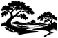 Black vinyl decal with large tree and landscape silhouette, with moon and hills
