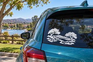Vinyl horizon trail car decal, white landscape silhouette with trees and winding path