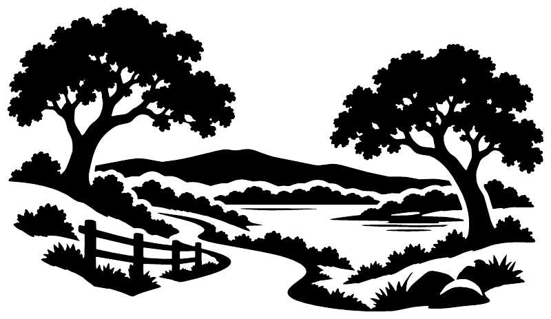 Vinyl horizon trail decal graphic with white trees, bridge, and winding path landscape
