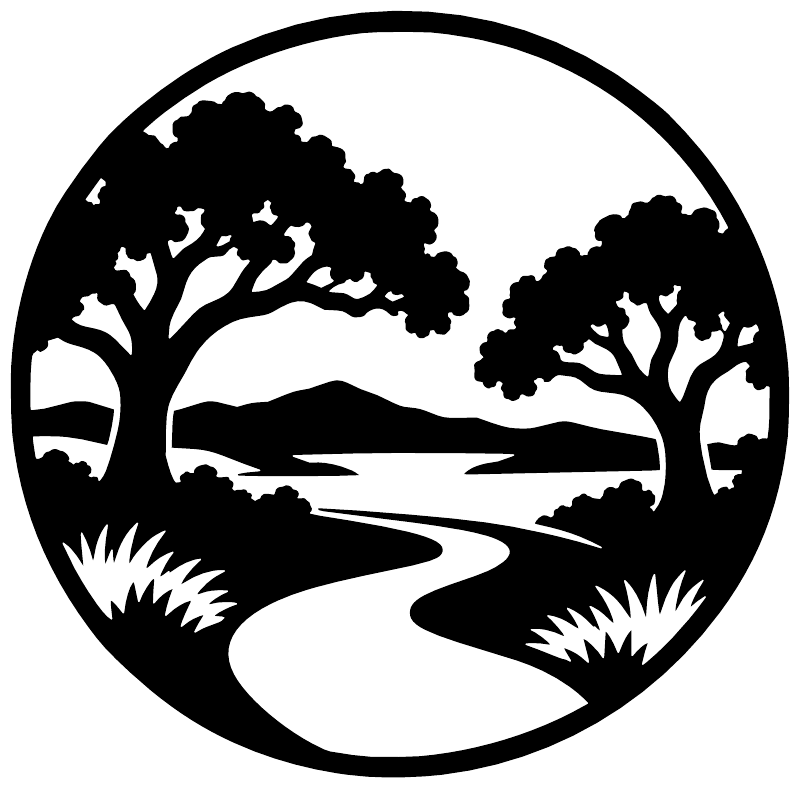 Round black-and-white vinyl decal featuring trees, road, and hills landscape