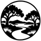Round black-and-white vinyl decal featuring trees, road, and hills landscape