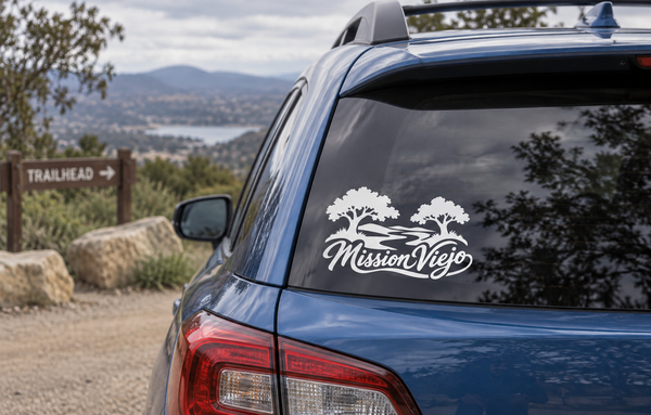White MissionViejo wordmark vinyl decal on car rear window