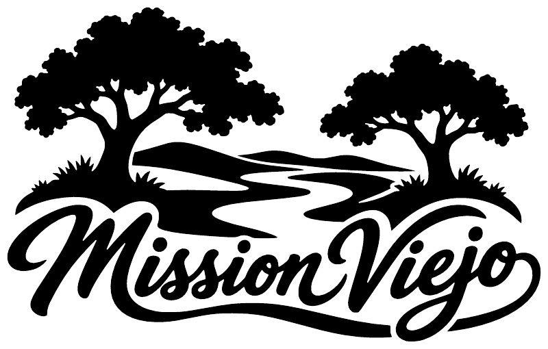 Black and white MissionViejo wordmark with trees and landscape graphic