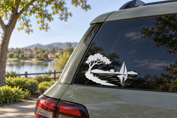 Lakeside sailboat icon vinyl decal with tree, lake water, and sailboat silhouette
