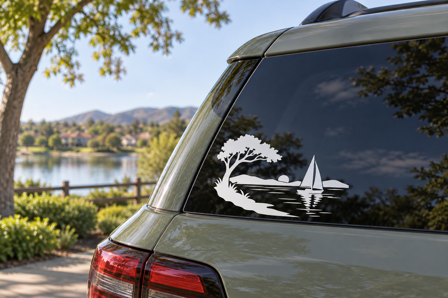 Lakeside sailboat icon vinyl decal with tree, lake water, and sailboat silhouette