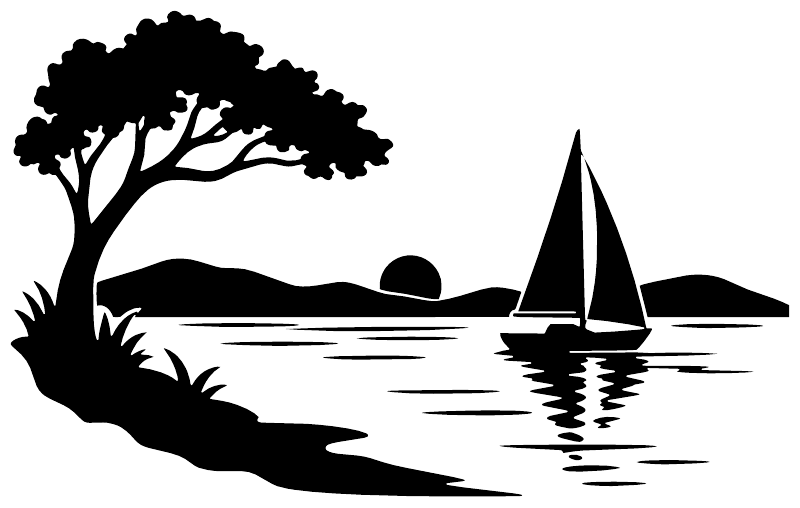 Black sailboat and lake vinyl decal silhouette with tree and water reflections