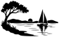Black sailboat and lake vinyl decal silhouette with tree and water reflections