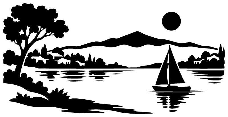 Black silhouette vinyl decal showing lake shoreline, pine trees, and sailboat at horizon