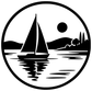 Circular black-and-white sailboat crest vinyl decal with waves and moon
