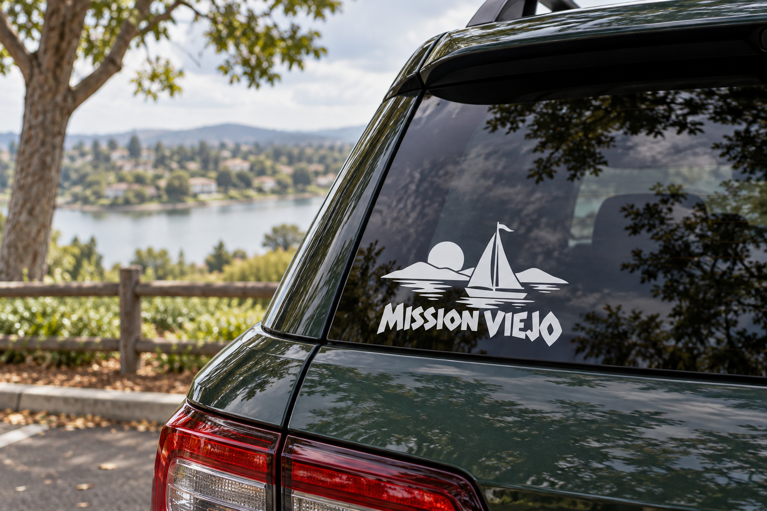Sailboat wordmark vinyl decal, white Mission Viejo text with sailboat icon