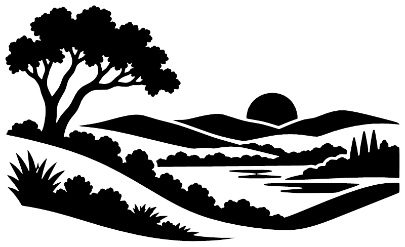 Silhouette landscape vinyl decal with tree, hills, and distant buildings