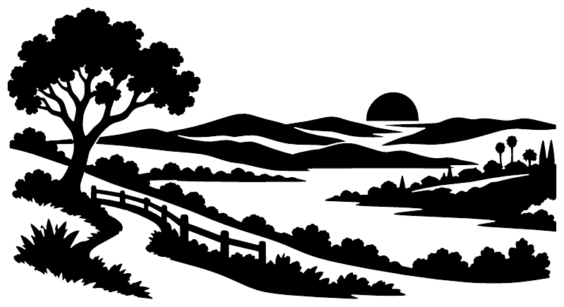 Vinyl landscape decal silhouette with large tree, winding path, hills, and farmhouse
