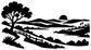 Vinyl landscape decal silhouette with large tree, winding path, hills, and farmhouse