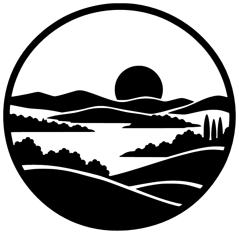 Close-up circular vinyl decal with landscape crest, black and white design