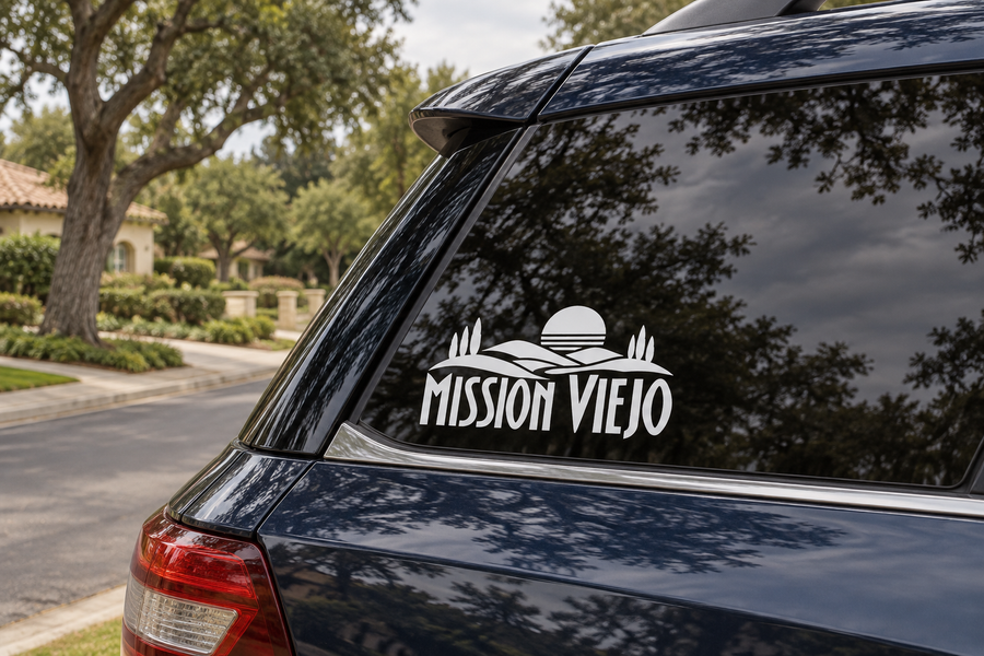 Mission Viejo wordmark vinyl decal on car rear window, black and white