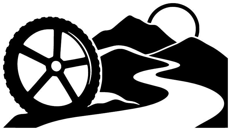 Bicycle trail vinyl decal, black and white wheel and rider silhouette with outline